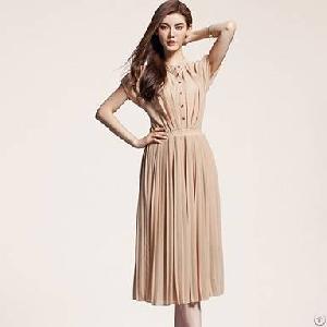 floor chiffon pleated khaki dress