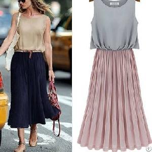 Graceful Fake Two Piece Long Dress Chiffon Pink Blue