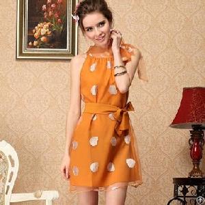 sleeveless slim dresses orange green