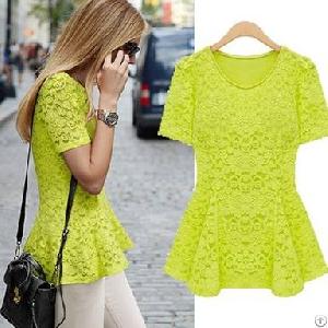 lace decorate hollow short sleeve fitted blouse green beige