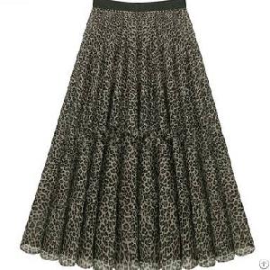 Ladies Long Pleated Leopard Skirt Apricot