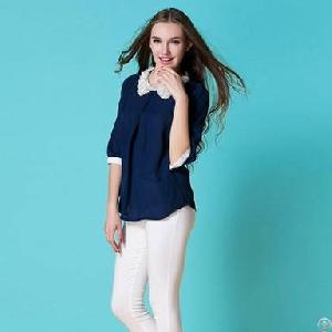 Loose Pattern Cute Collar Plus Size Blouse Blue