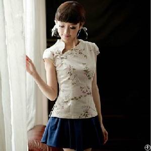 National Style Retro Short Sleeve Cheongsam Blouses Apricot