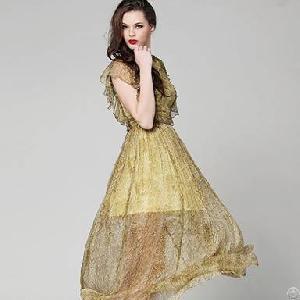 New Pattern Bohemia Long Yellow Grey Silk Dress