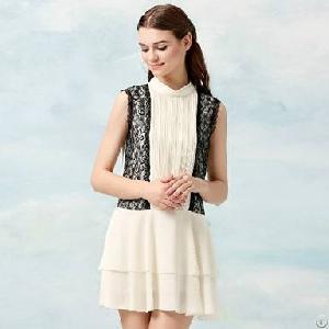 Newly Elegant Stand Collar Sleeveless Summer Dresses White Light Brown