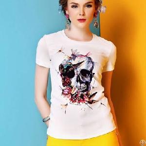 Newly Skull Printed Round Collar Women T Shirt White