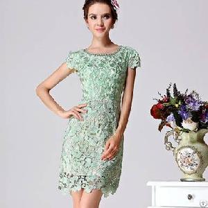 Retro Hollow Slim Elegant Pure Color Lace Dresses Green Pink