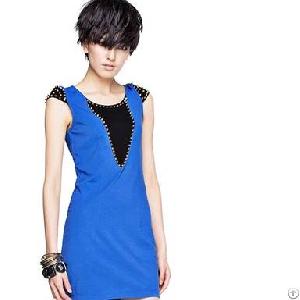 rivet decorate sleeveless dresses blue