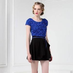 Short Sleeve Slimming T-shirt Flowers Sapphire Blue White