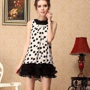 Sweet Elegant Dots Printed White Chiffon Dress