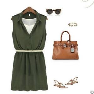 Sweet Style Shirt Waist Dresses Army Green Navy With Belt