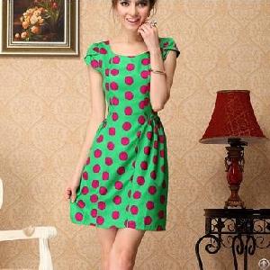 western dots short sleeve green chiffon dresses