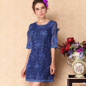 Western Elegant Embroidery Round Collar Pretty Dresses Blue Rose Yellow