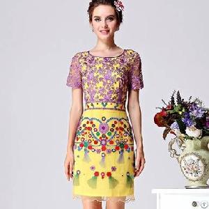 Western Elegant Embroidery Slim Rounded Collar Dresses Yellow Red