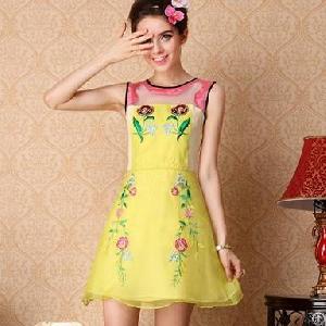 Western Elegant Floral Sleeveless Pretty Dresses Yellow Green White