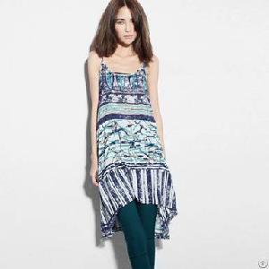 Western Elegant Printed Loose Gallus Dresses Blue