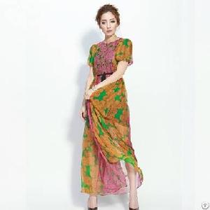 Western Elegant Printed Short Sleeve Long Silk Dress