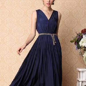 Western Elegant V Collar Long Blue Dresses