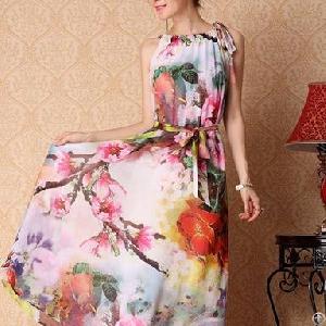 Western Floral Printed Long Chiffon Dresses