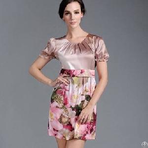 Western Major Flower Printed Short Sleeve Silk Dresses