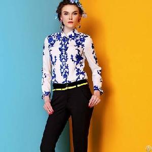 Western Major Lapel Printed Long Sleeved Blouses