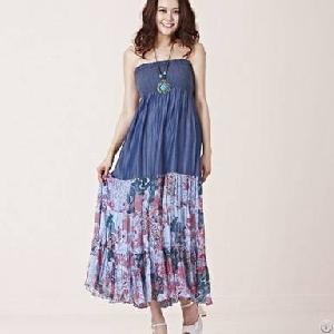 Western Montage Jean Off Shoulder Women Dresses Blue