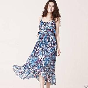 Western Printed Gallus Sand Vocation Dresses For Women Blue