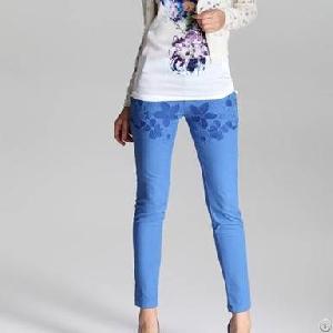 Western Style Flower Embroidery Slim Leg Pants Blue Pink