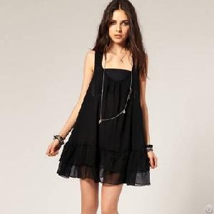 Western Sweet Pure Color Loose Black Sleeveless Dress