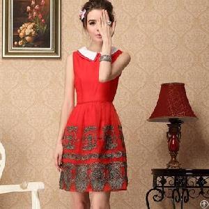 Sweet Retro Embroidery Sleeveless Red Dresses