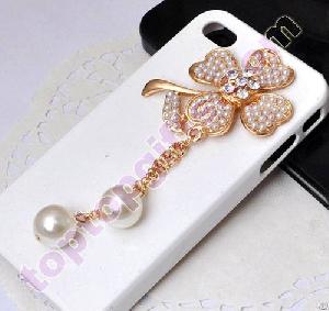 Lucky Four Leafed Clover Pearl With Rhinestone Cell Phone Case Decor