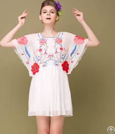 Batwing Sleeve White Floral Dress