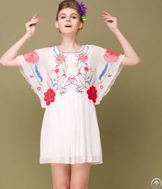 Batwing Sleeve White Floral Dress