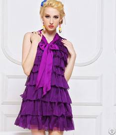 Bow Tie Decorate Elegant Layered Dress Purple Black