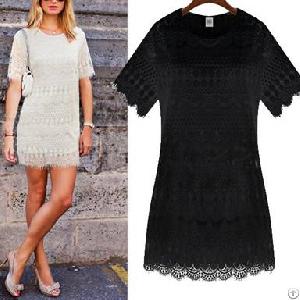 Hollow Lace Decorate Plus Lace Dress Black White