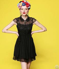 Organza Vintage Chiffon Dress Black Apricot