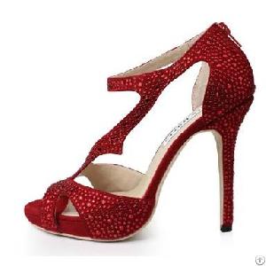 Peep Toe Shining Rhinestone Bridal Sandal Red