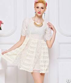 Round Collar Lace Decorate Romantic Dress Apricot Black