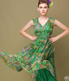 V-neck Silk Maxi Long Dresses Green Red