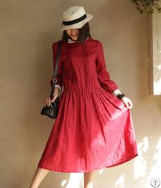 Vintage Round Collar Cotton Red Dress