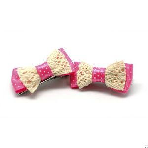 Pink Wool Cloth Match Ribbon Bowknot Pet Dog Hair Clips