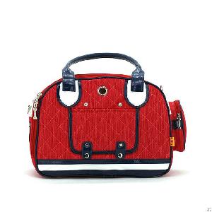 Red Blue Denim Pet Carrier Spacious Interior Dog Bag