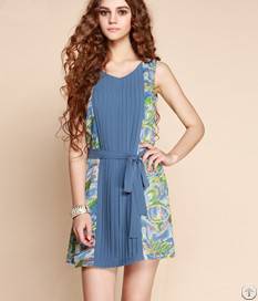 Elegant Montage V Collar Sleeveless Dresses Blue Orange