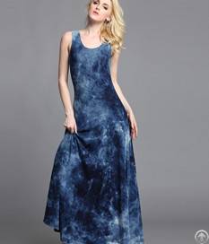 Elegant Sleeveless Round Collar Long Summer Dresses Blue