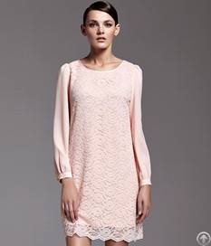 Lace Decorate Pink Black Dress Sheer Sleeves