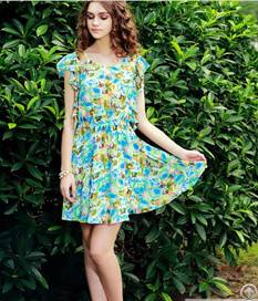 Newly Lotus Short Sleeve Printed Chiffon Dresses Blue Orange