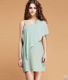 Newly Pure Color Oblique Shoulder Chiffon Dresses Green Yellow