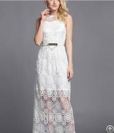 Newly Western Hollow Lace Two Pieces With Belt Elegant Dresses White