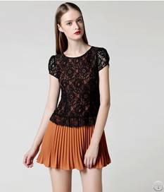 Puff Sleeve Chiffon Lace Dress For Women Coffee Pink