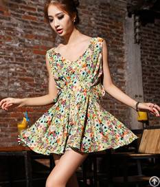 Retro Sweet V Collar Pleated Printed Dress